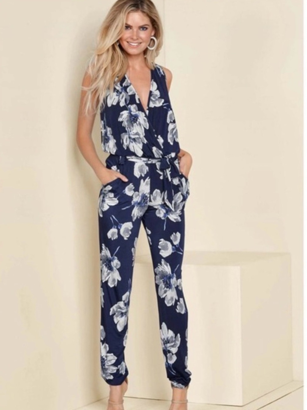 VENUS Navy and White Floral Sleeveless Jumpsuit with Tie Waist